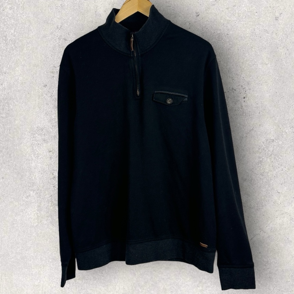 Ted Baker Newbevy Black Knit Quarter Zip Sweater Mens Size 2XL Modal Leather‎ 6